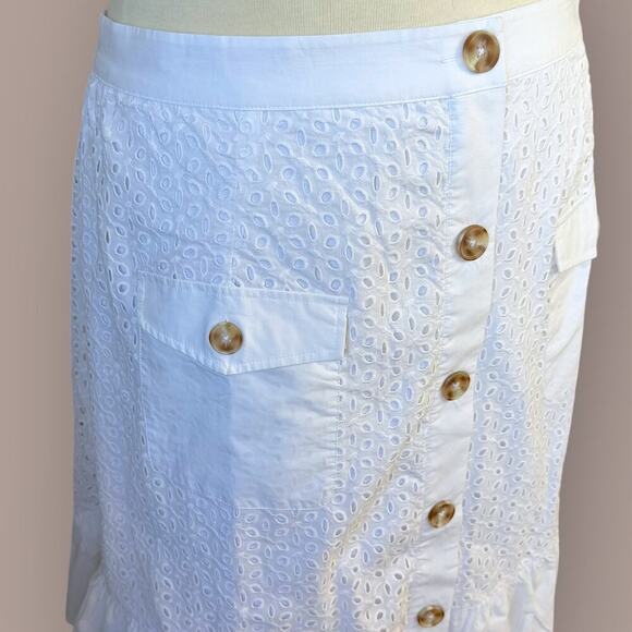 Isaac Mizrahi Live Embroidered Eyelet Button Up Ruffled Hem Skirt Size 28W White - Picture 6 of 14